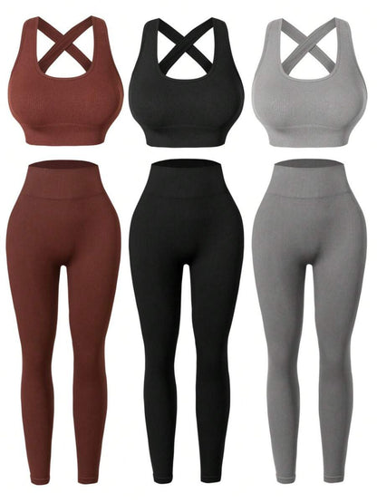 Three Seamless Women'S Activewear Sets High-Stretch Backless Bra And Hip-Lifting Leggings with Crossover Strap Details