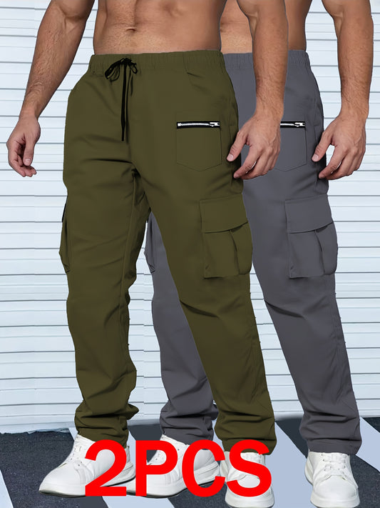 2pcs Men'S Fashion Cargo Pants, Casual Hiking Trousers, Breathable Comfortable Loose Straight Trousers with Multiple Pockets for Spring, Summer, Fall, Winter - Polyester