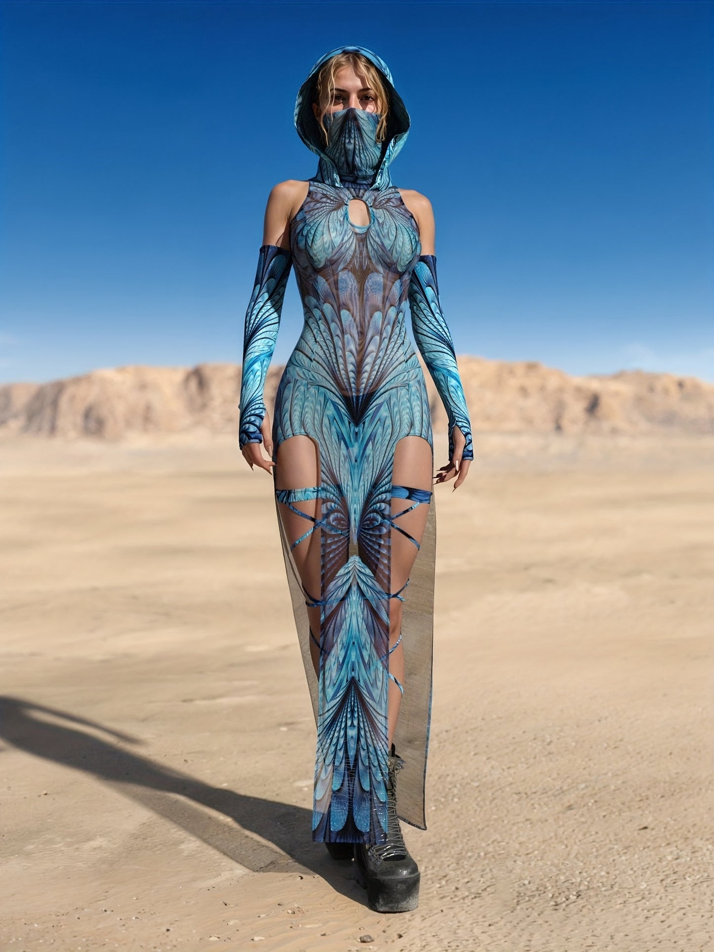 Mesh Festival Outfit for Women, Sheer Rave Long Dress for Women, Festival Cutout Long Dress, Festival Dress, Rave Outfit, Rave Hood Woman Halloween Costumes