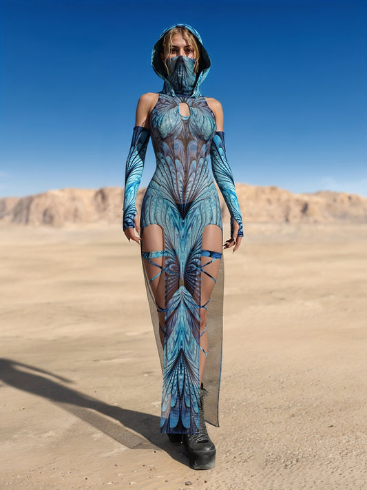 Mesh Festival Outfit for Women, Sheer Rave Long Dress for Women, Festival Cutout Long Dress, Festival Dress, Rave Outfit, Rave Hood Woman Halloween Costumes