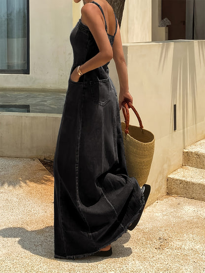 Vintage Washed Denim Maxi Dress for Women Sleeveless Long Jean Dress with Relaxed Non-Stretch Fabric, Casual Boutique Outfit for Spring Fall