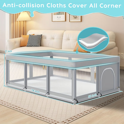 Large Baby Playpen, Baby Playard for Babies And Toddlers, Baby Fence Play Pens for Indoor & Outdoor, Sturdy Safety Play Yard with Soft Breathable Mesh, Anti-Fall, Grey
