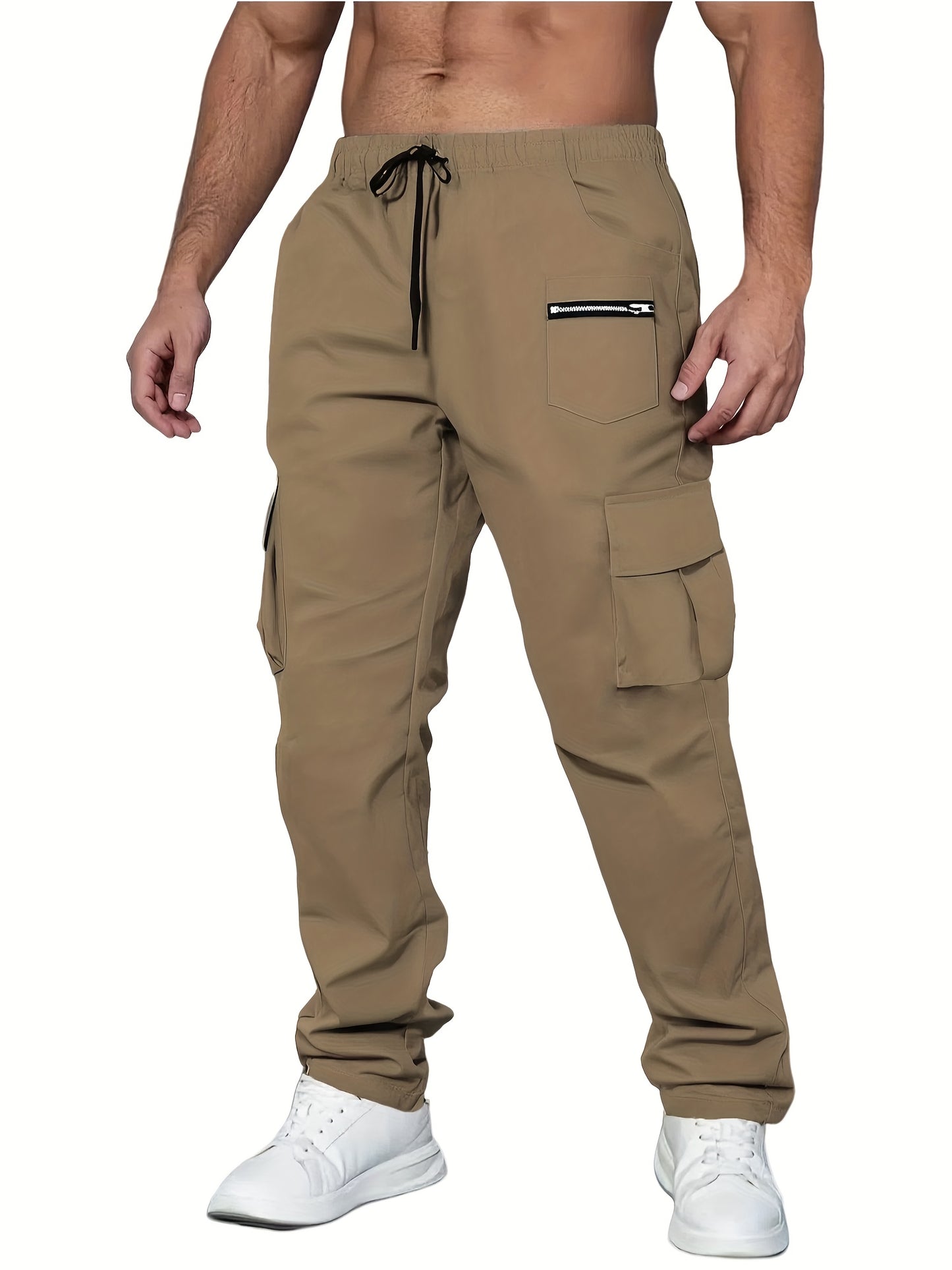 2pcs Men'S Fashion Cargo Pants, Casual Hiking Trousers, Breathable Comfortable Loose Straight Trousers with Multiple Pockets for Spring, Summer, Fall, Winter - Polyester