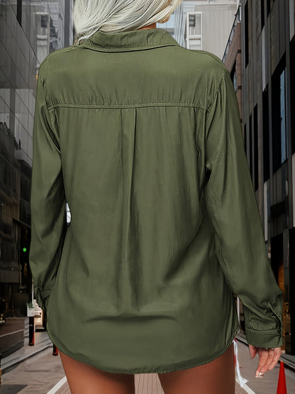 Womens Solid Lapel Long Sleeves Button Casual Basic Office Shirt Top Blouse