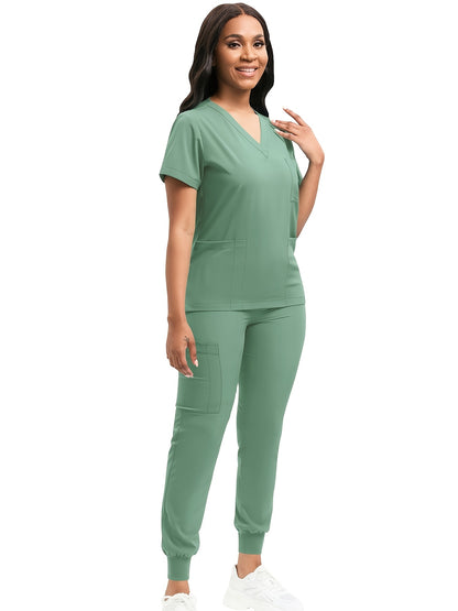 [Scrub Suit Set] Scrub Suit Set For Women Modern V-Neck Top T-Shirt & Tapered Leg Jogger Pants With Drawstring 2pcs Set Nursing Uniforms Set Suitable For Pet Hospitals, Dental Clinics, Nursing Work, Etc