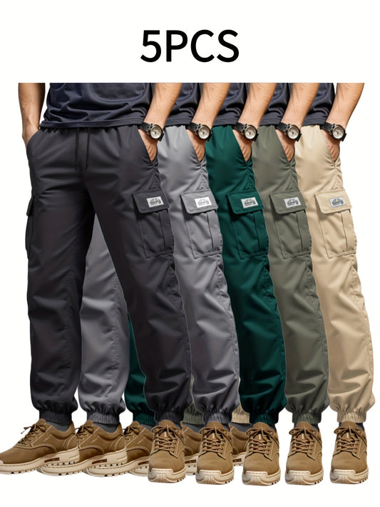 5pcs Men's Overalls, Elastic Belt Loose Work Pants, Multi-pocket Design, Machine Washable Non-elastic Fabric, Suitable for Outdoor/construction/travel, Outdoor Tooling Style, Textured Fabric