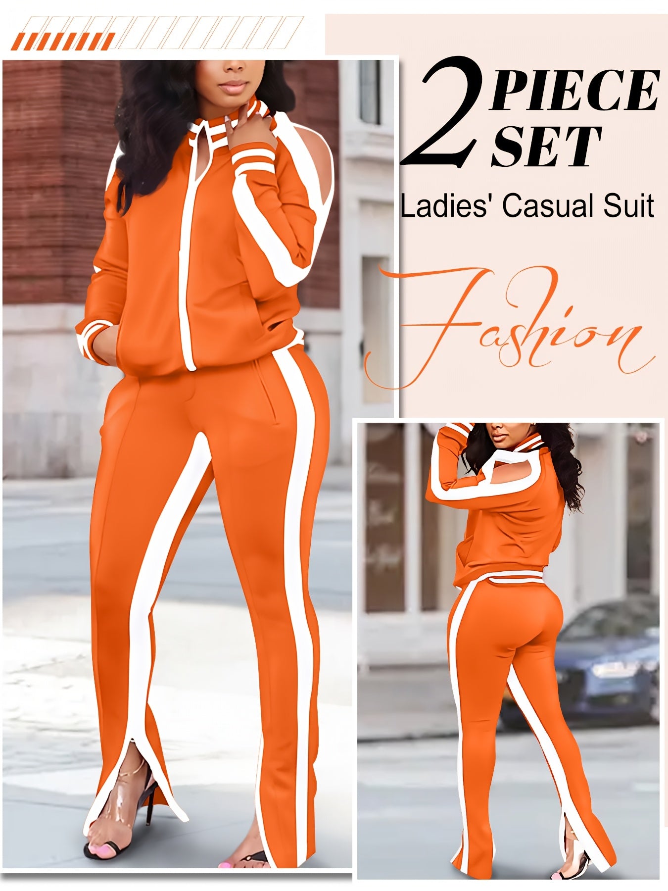 Women's 2pcs Athletic Tracksuit Set, Striped Contrast Shoulder Slit Top & Zipper Hem Sporty Pants, Activewear Lounge Set