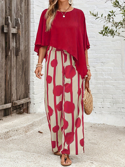 Women's Solid Crew Asymmetrical Hem Shirt And Full Body Print Pant Set
