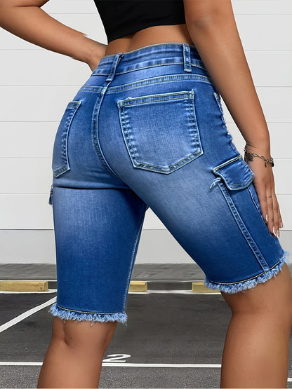 Spring Summer New Women's Sexy Babe Style High Waist Gradient Wash Denim Bermuda Shorts, Stretch Slim Frayed Hem Hip Lifting Cargo Pocket Mid Length Shorts, Versatile Daily Streetwear Dating Outing Vacation for Plus Size Friendly Women
