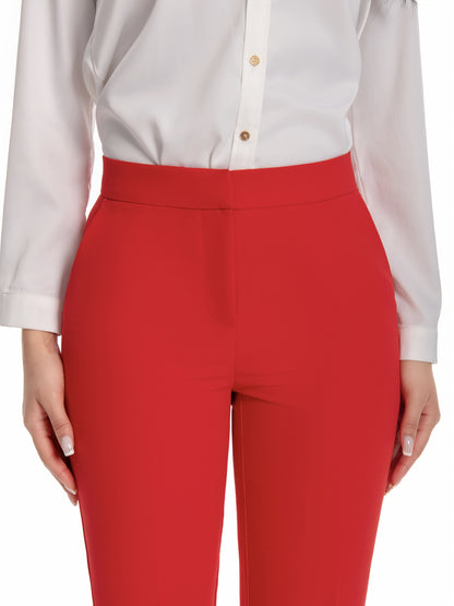 Women'S Mid Waisted Slim Fit Ankle Length Stretch Trousers Vibrant Red High Stretch Fabric with Pockets, Elegant Office Workwear & Evening Out Pants, Machine Washable All-Season Versatile Bottoms, Formal Attire Trousers, Easycare Trouser
