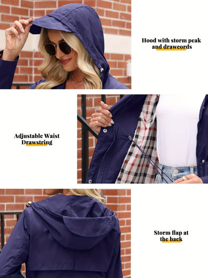 Women'S Lightweight Raincoat - Breathable Windbreaker Jacket With Adjustable Hood, Stylish Trench Coat For Outdoor & Work, Machine Washable, X-Shape Design