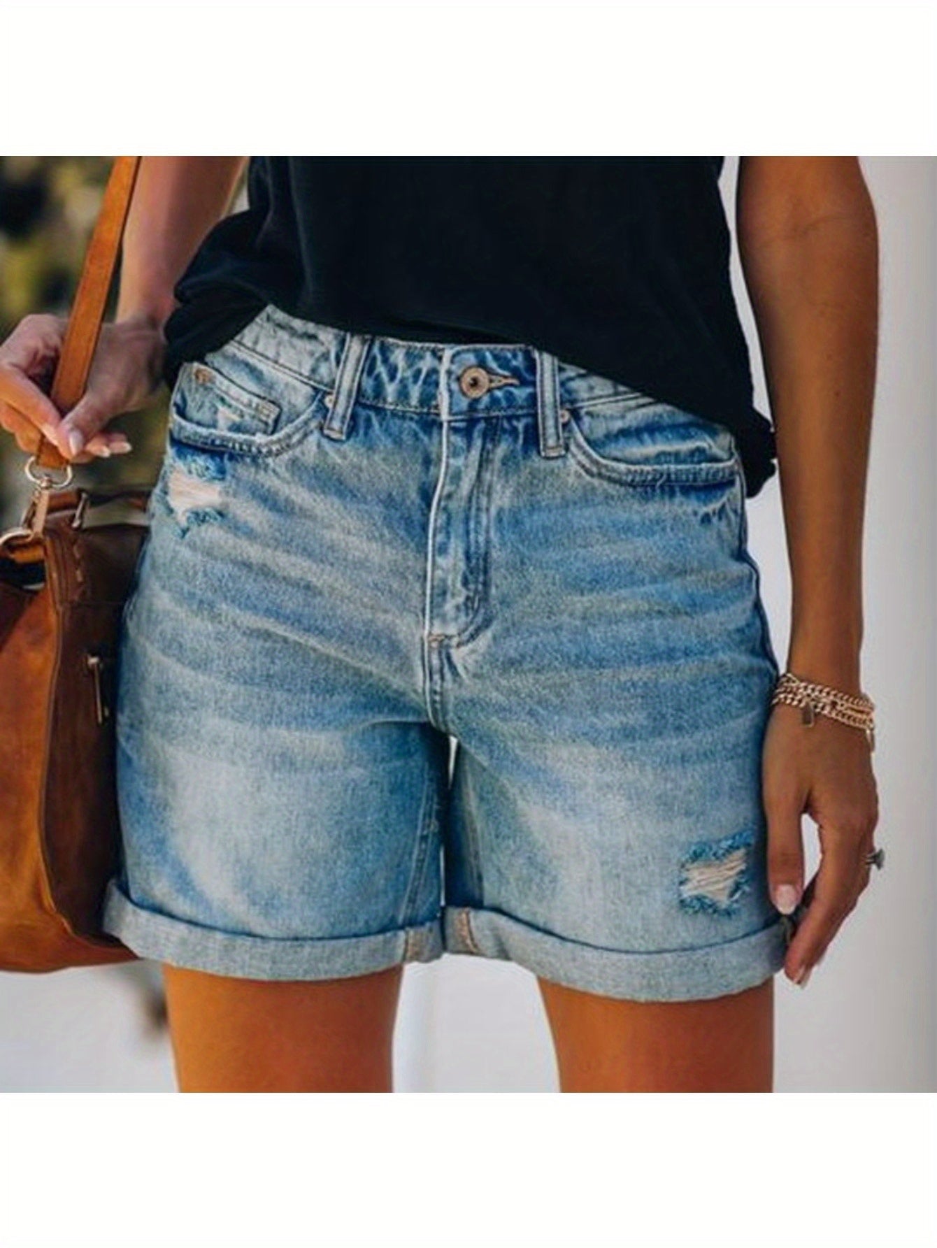Women's Distressed Denim Shorts - Straight Leg, Light Wash with Rolled Hem & Cuffed Slash Pockets, Trendy Summer Streetwear, Casual & Versatile Fashion Essential, Jean Shorts