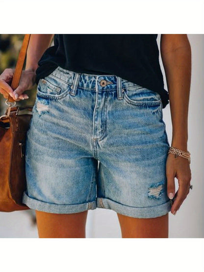 Women's Distressed Denim Shorts - Straight Leg, Light Wash with Rolled Hem & Cuffed Slash Pockets, Trendy Summer Streetwear, Casual & Versatile Fashion Essential, Jean Shorts