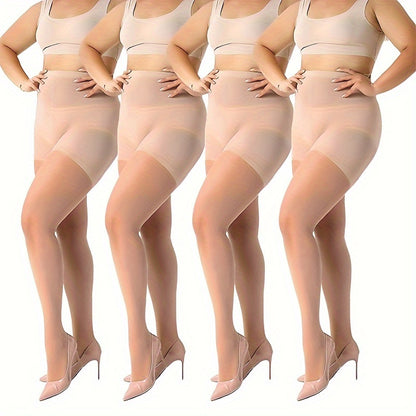 4 Pairs Plus Size High-Waisted Tights for Women, Polyamide Knit Fabric, Solid Color, Breathable & Stretchy, with Hand Washable, Tights Stockings