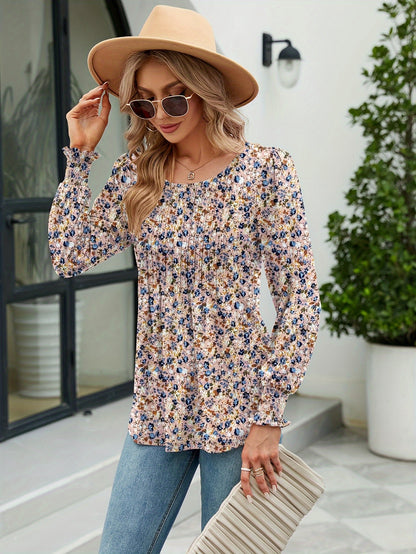 Women's Casual Fall Floral Round Neck Puff Sleeve Tunic Long Sleeve Top Pleated Loose And Versatile T-Shirt