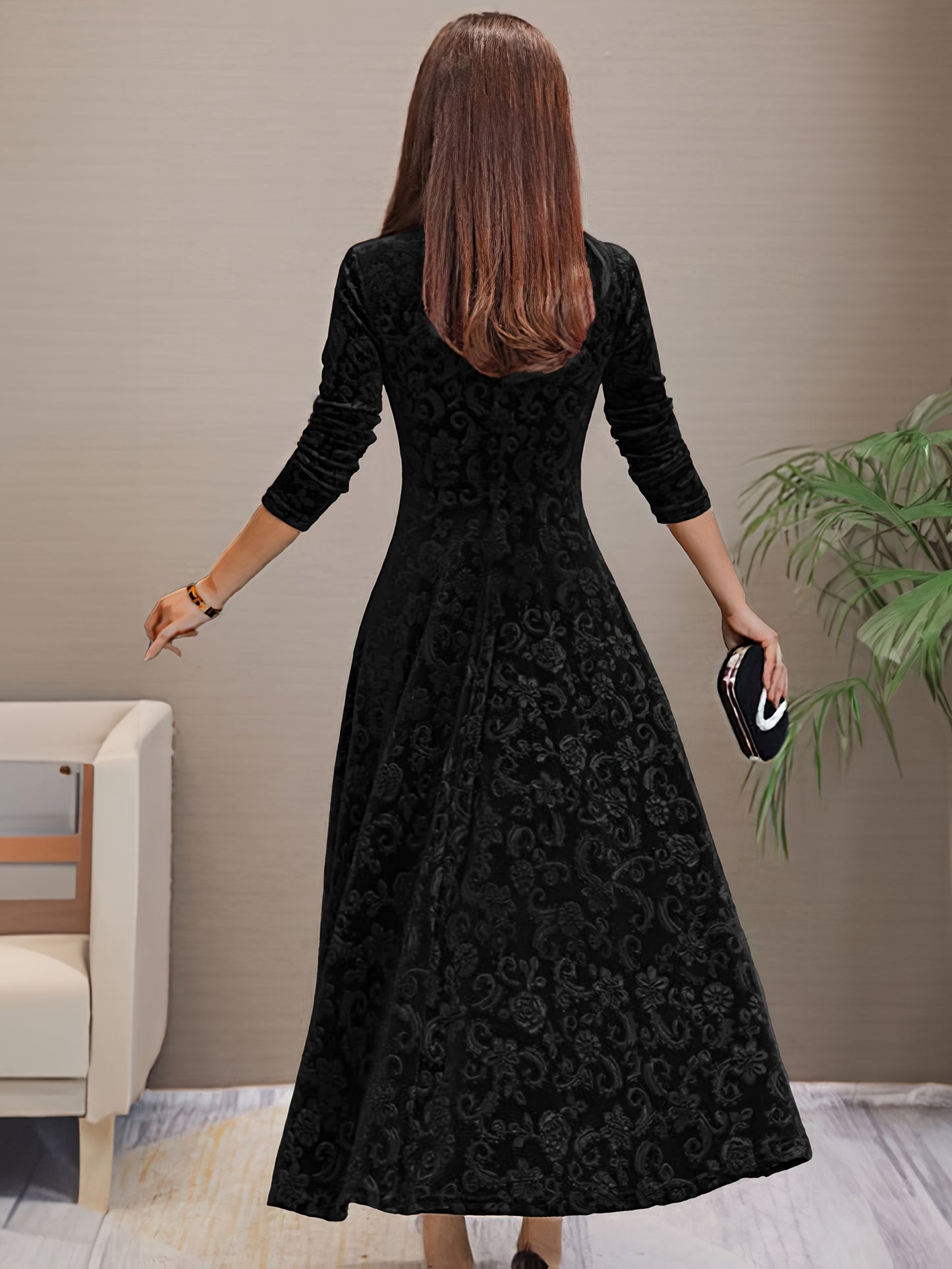 Autumn Women's Velvet Embossed Long Sleeve Dress, Bodycon V-Neck Midi Flared Elegant Evening Party Wedding Guest Gown