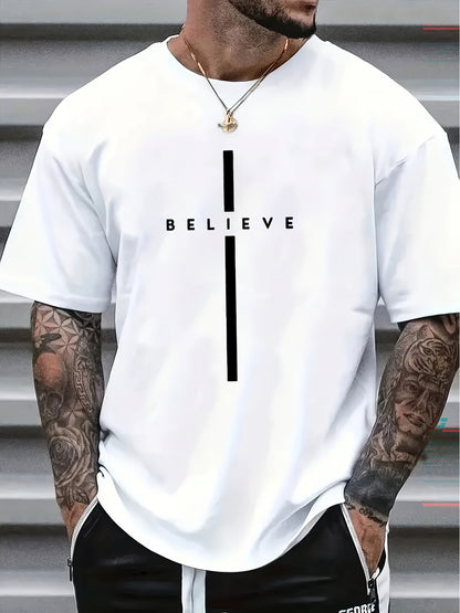 Men's BELIEVE Pattern T-Shirt- Black with White Print, Regular Fit Casual Summer Short Sleeve, Machine Washable, Street Style Design, Simple Comfortable Fabric, Lightweight Top, Trendy Streetwear Essential