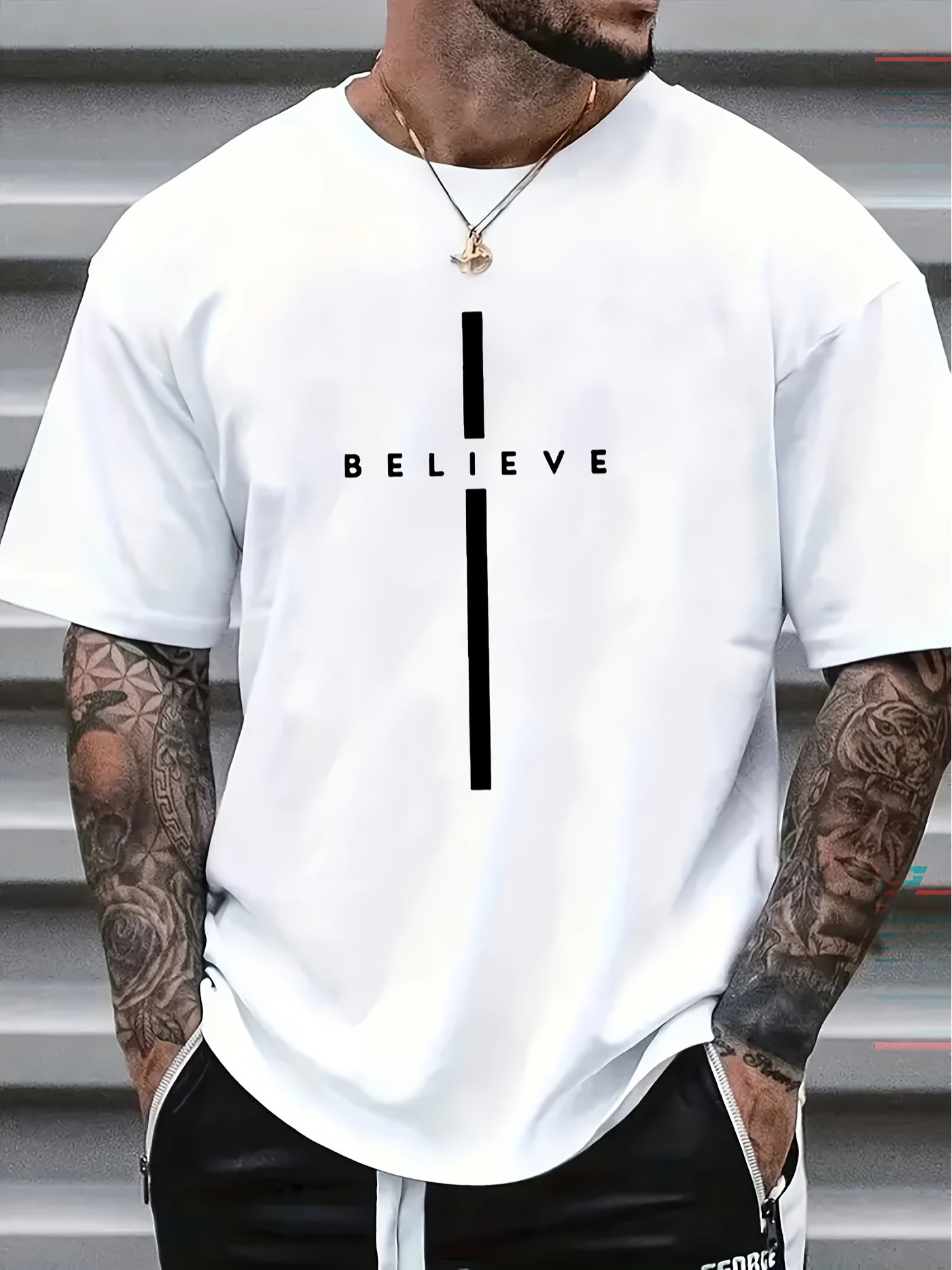 Men's BELIEVE Pattern T-Shirt- Black with White Print, Regular Fit Casual Summer Short Sleeve, Machine Washable, Street Style Design, Simple Comfortable Fabric, Lightweight Top, Trendy Streetwear Essential