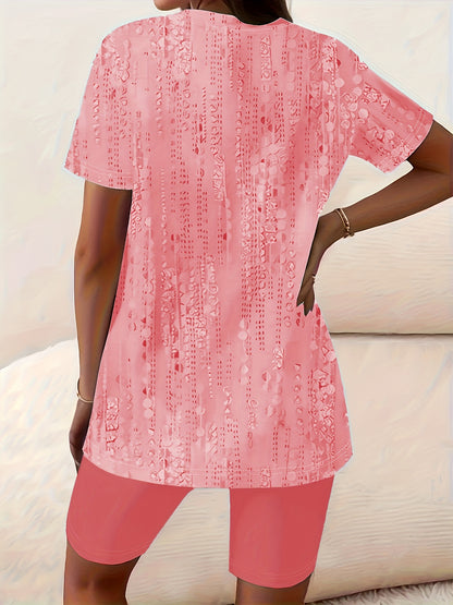 Plus Size - Plus Size - Casual Two-Piece Outfit for Plus-Size Women Featuring a Side-Slit T-Shirt And Fitted Shorts