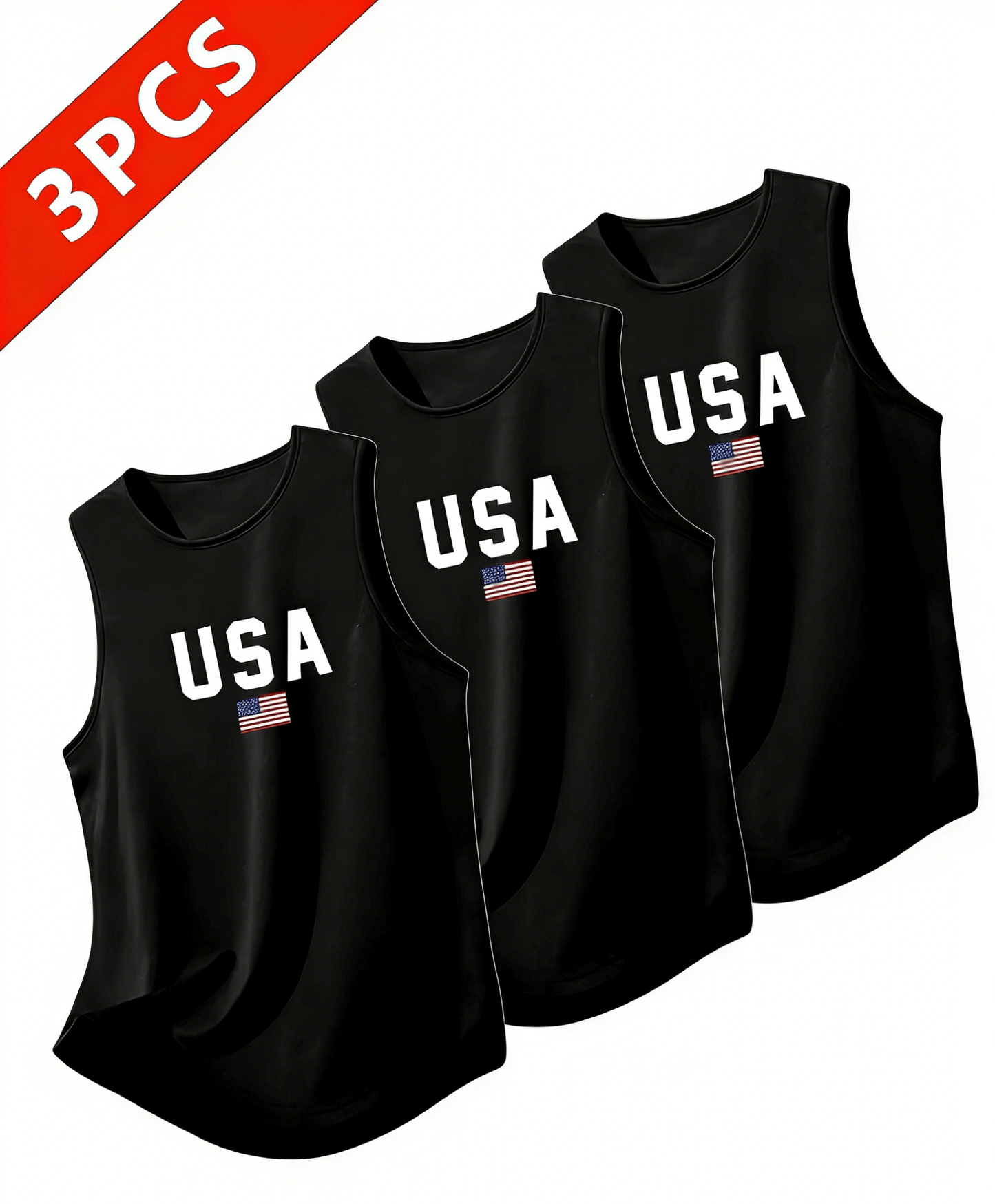 3 pieces of Summer Men'S Heavy Cotton Breathable Vests, Sleeveless Tops Suitable for Running And Training, Featuring USA Letter Prints, Available in Black, White