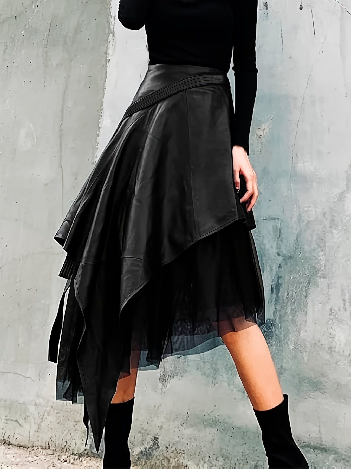 Spring And Autumn Casual Black Asymmetric Women's Elegant Skirt with Lace Hem, Fashionable Women's Skirt, Women's Clothing