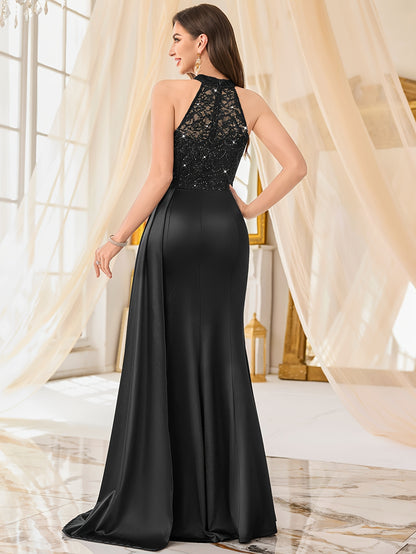 55630A Elegant Womens Sleeveless Sequin Lace Evening Maxi Dress Halter Neck Sheer Lace Patchwork Satin Ruched Waist Bodycon High Side Slit For Wedding Season Graduation Season Formal Wedding Guest Bridesmaid Cruise Party