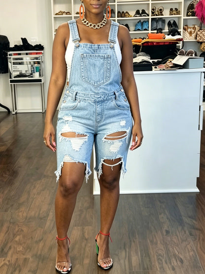 Women'S Denim Overalls - Light Blue Washed Straight Ripped Burrs Denim Jumpsuit