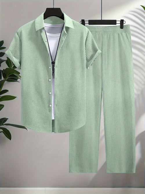 Men's Shirt Trousers Suit, Fashionable Bubble Plaid Simple Casual Lapel Short-sleeved Shirt And Solid Color Trousers Suit
