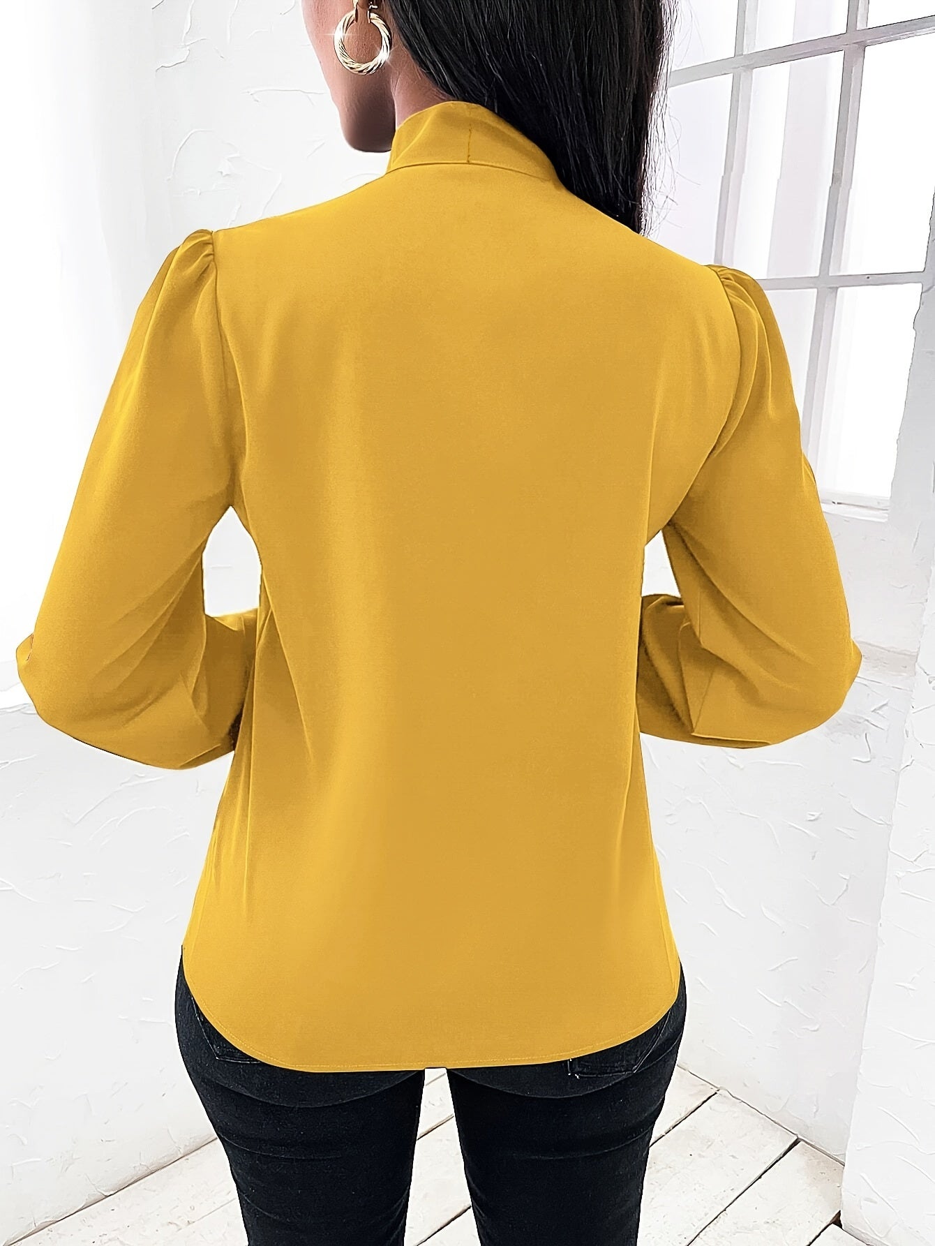 Women'S 2026 New Elegant Solid Color Long-Sleeve Shirt - Tie Neck Button Top, Very Suitable For Everyday And Office Wear
