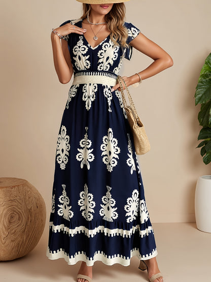 Fashionable Beach Dress for Women, Perfect for Spring And Summer Vacations, Featuring a Printed V-Neck And a Flowing Design