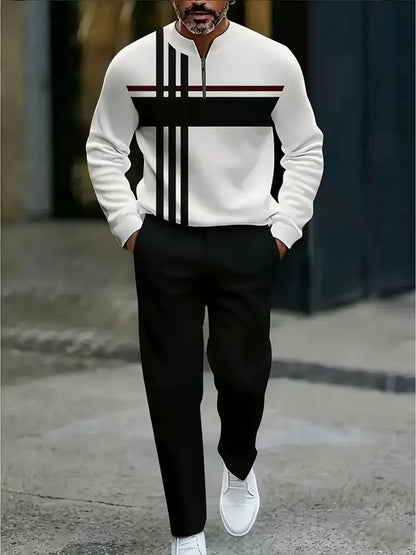 2pcs Men'S Casual Sportswear Set - Long Sleeve Zipper Jacket & Drawstring Pants, Geometric Pattern, Regular Fit, Slight Stretch Fabric, Perfect for Fall/Winter