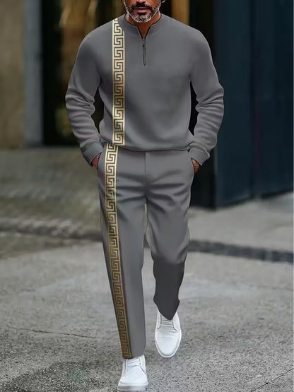 Men's Fashion Casual Zipper Stand Collar Long Sleeve Pants Set 2pcs Set, Simple Yellow and White Pattern Design, Drawstring Adjustable Elastic Waistband, Comfortable Vacation Gift Set