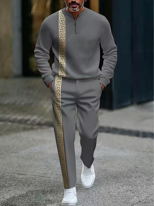 Men's Fashion Casual Zipper Stand Collar Long Sleeve Pants Set 2pcs Set, Simple Yellow and White Pattern Design, Drawstring Adjustable Elastic Waistband, Comfortable Vacation Gift Set