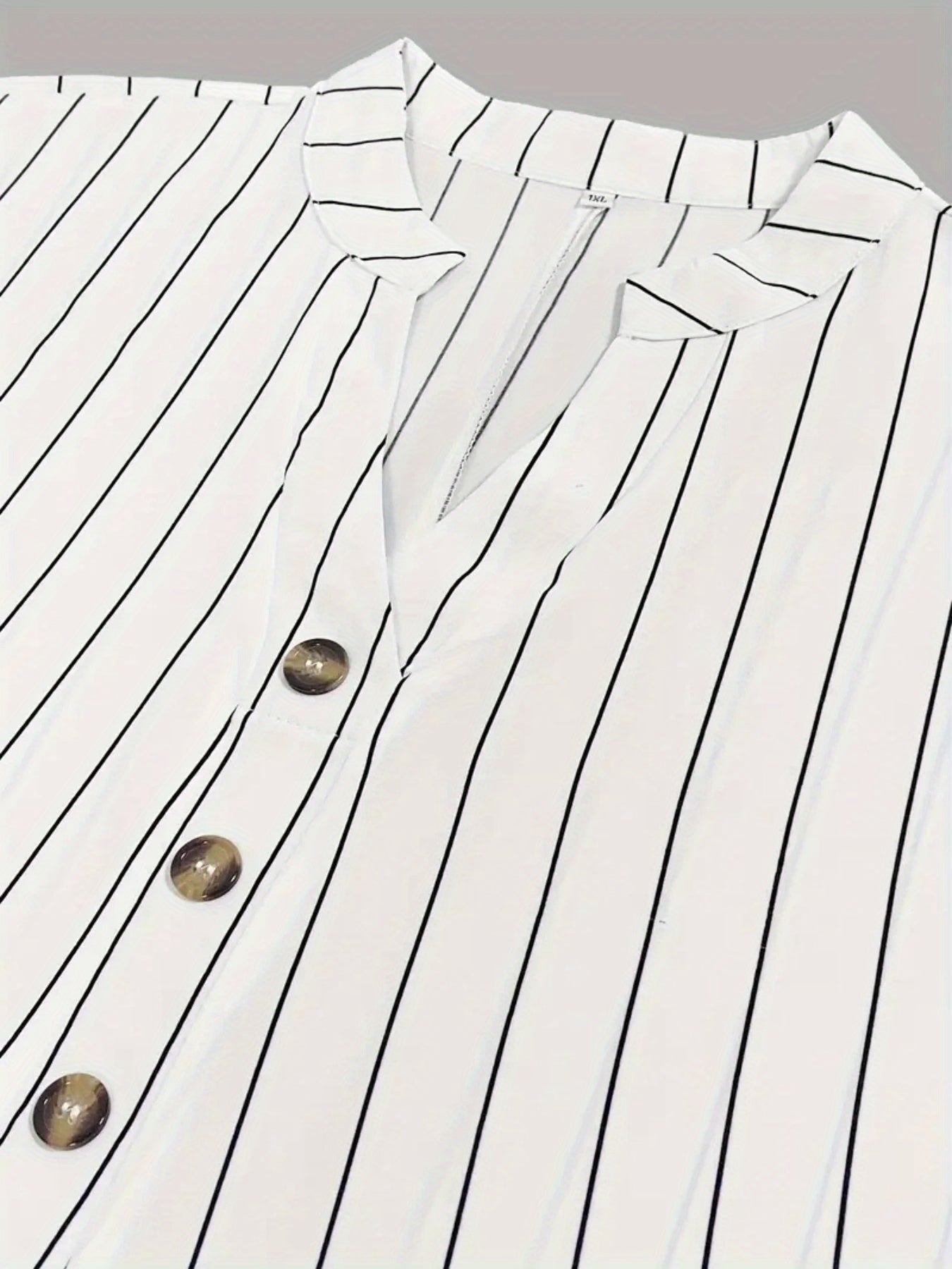 Plus Size, Striped Notch V-Neck Shirt with Faux Buttons Short Sleeve Simple and Plus-Size for Women Casual Top