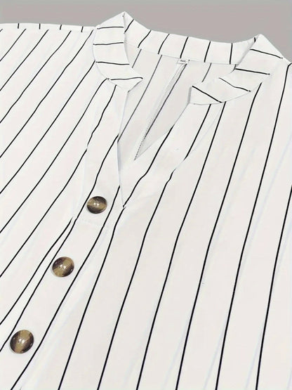 Plus Size, Striped Notch V-Neck Shirt with Faux Buttons Short Sleeve Simple and Plus-Size for Women Casual Top