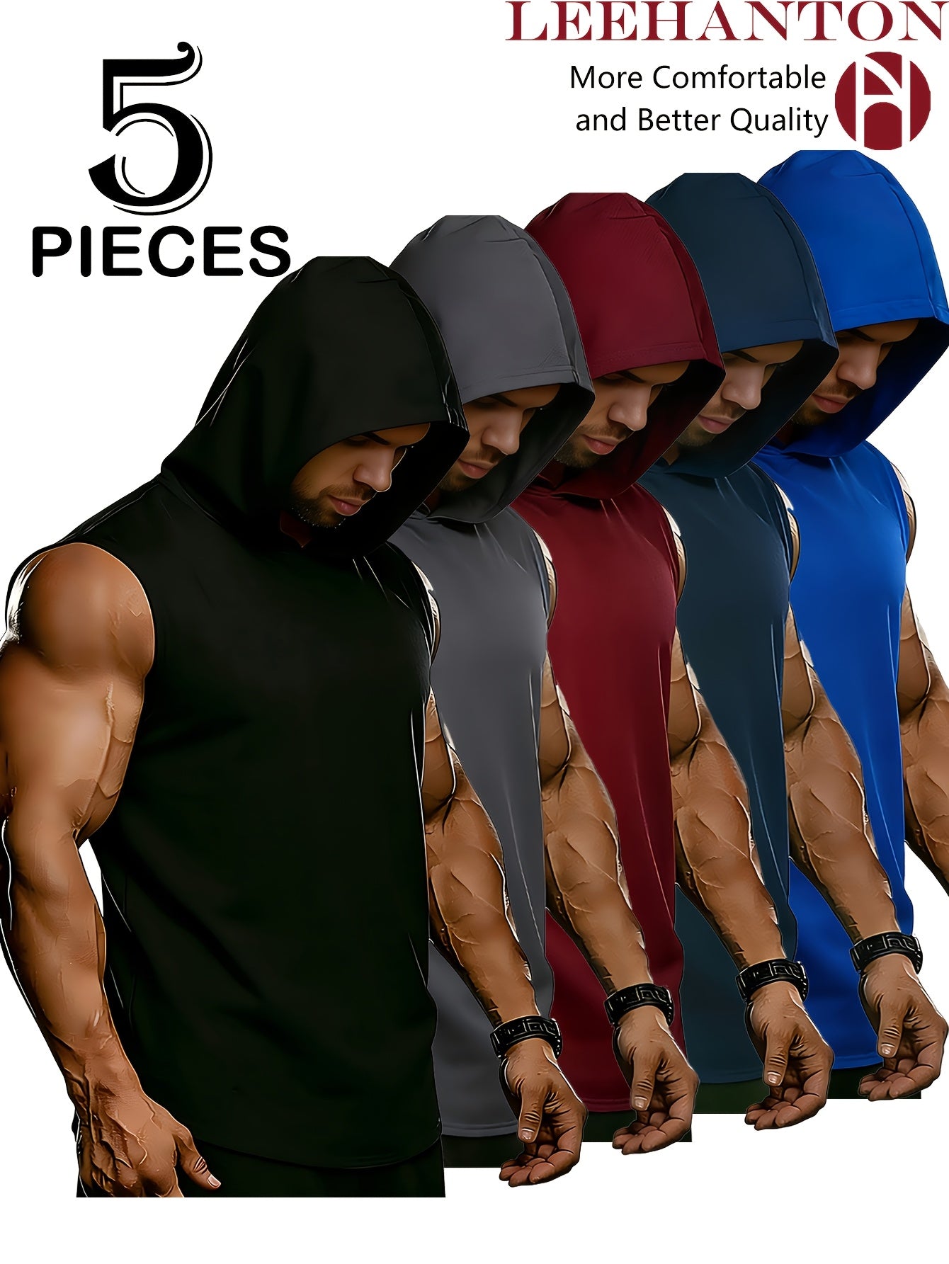 Men's BLK+GREY+WINE+NAVY+BLUE Polyester Sleeveless Outfit Set - product view 7