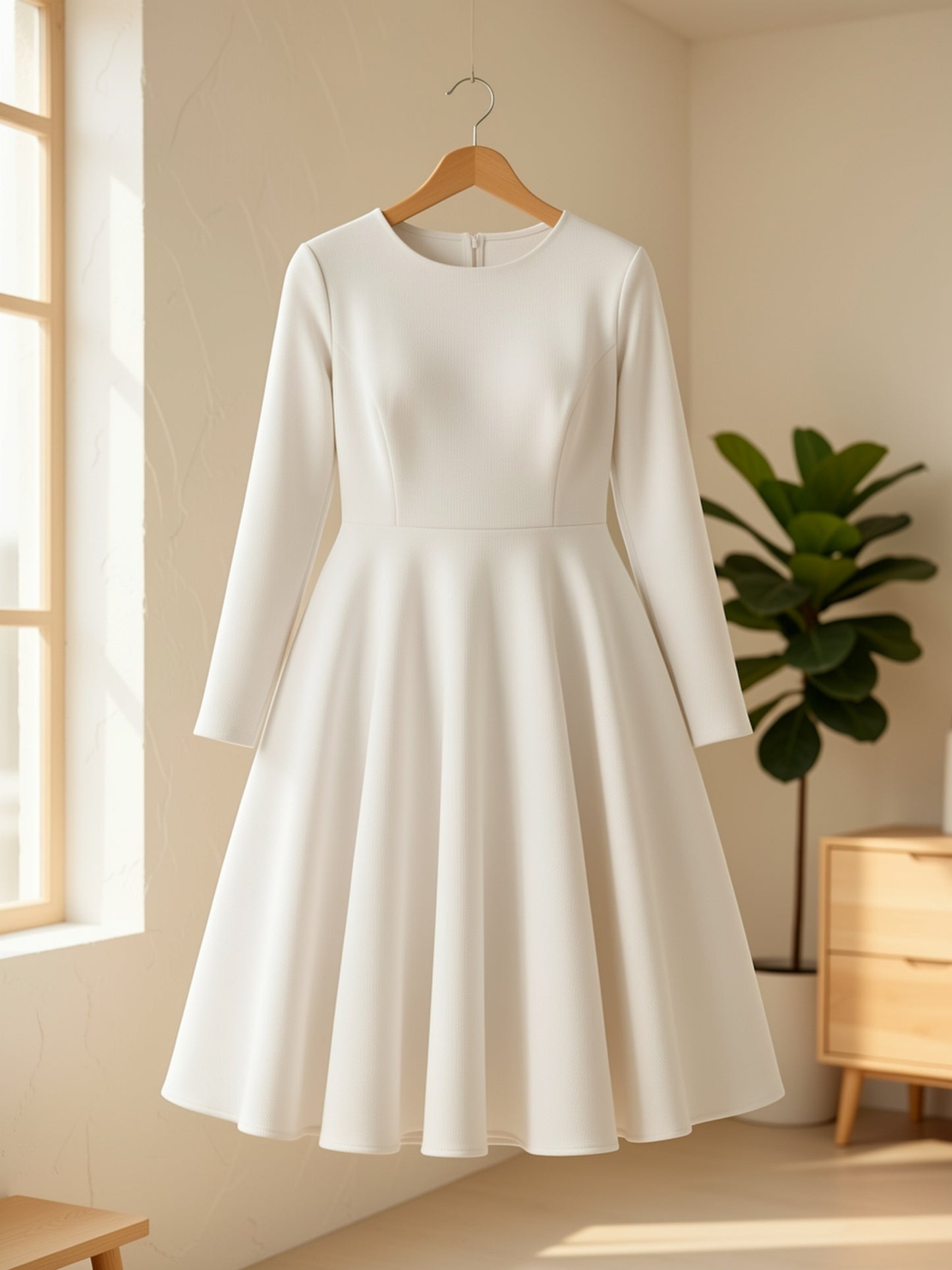 Plus Size - Plus Size Women'S Solid Color Round Neck Long Sleeve Back Pleated Flared Dress Autumn And Winter Elegant Long Dress