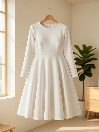 Plus Size - Plus Size Women'S Solid Color Round Neck Long Sleeve Back Pleated Flared Dress Autumn And Winter Elegant Long Dress