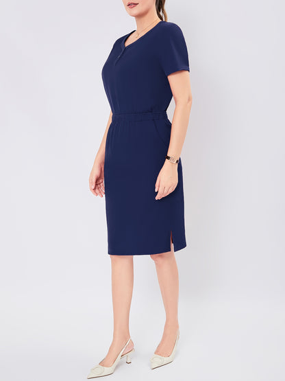 Women's V-Neck Button-Up Scrub Set, Fashionable Short Sleeve Beauty Salon Medical Hand Wash Uniform, Polyester Blend, Casual Style, Regular Fit, Solid Color, Straight Sleeve, Knee-Length Skirt with Pockets, Pullover Top