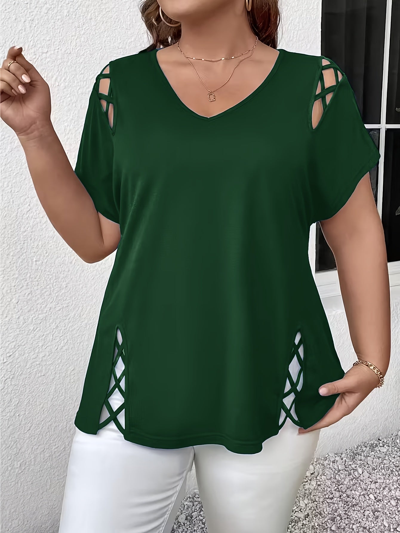 Plus Size Women'S Loose-Fitting Short-Sleeve V-Neck Tee - Stylish V-Neck Style Featuring Open Cross Elements. Perfect for Both Casual And Formal Settings During Spring And Summer, Making It Great for Everyday Wear And Special Events