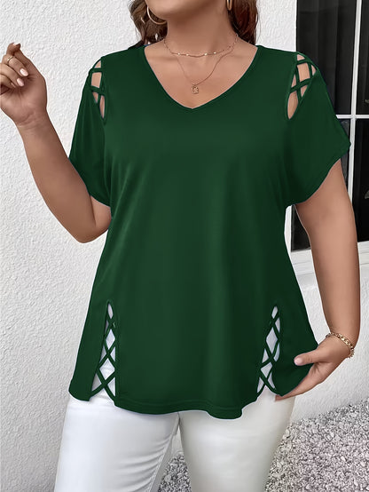 Plus Size Women'S Loose-Fitting Short-Sleeve V-Neck Tee - Stylish V-Neck Style Featuring Open Cross Elements. Perfect for Both Casual And Formal Settings During Spring And Summer, Making It Great for Everyday Wear And Special Events
