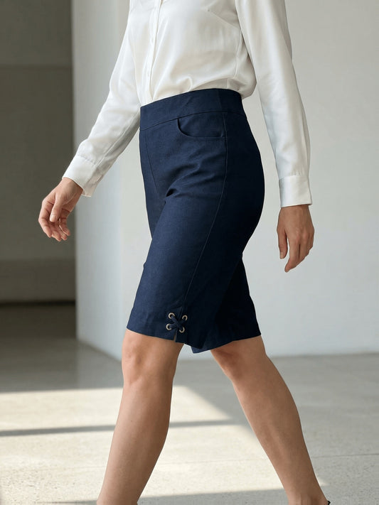 Women'S Plain Color High-Waisted Fitted Bermuda Shorts with Pockets (With Lacing Decor at The Crotch)
