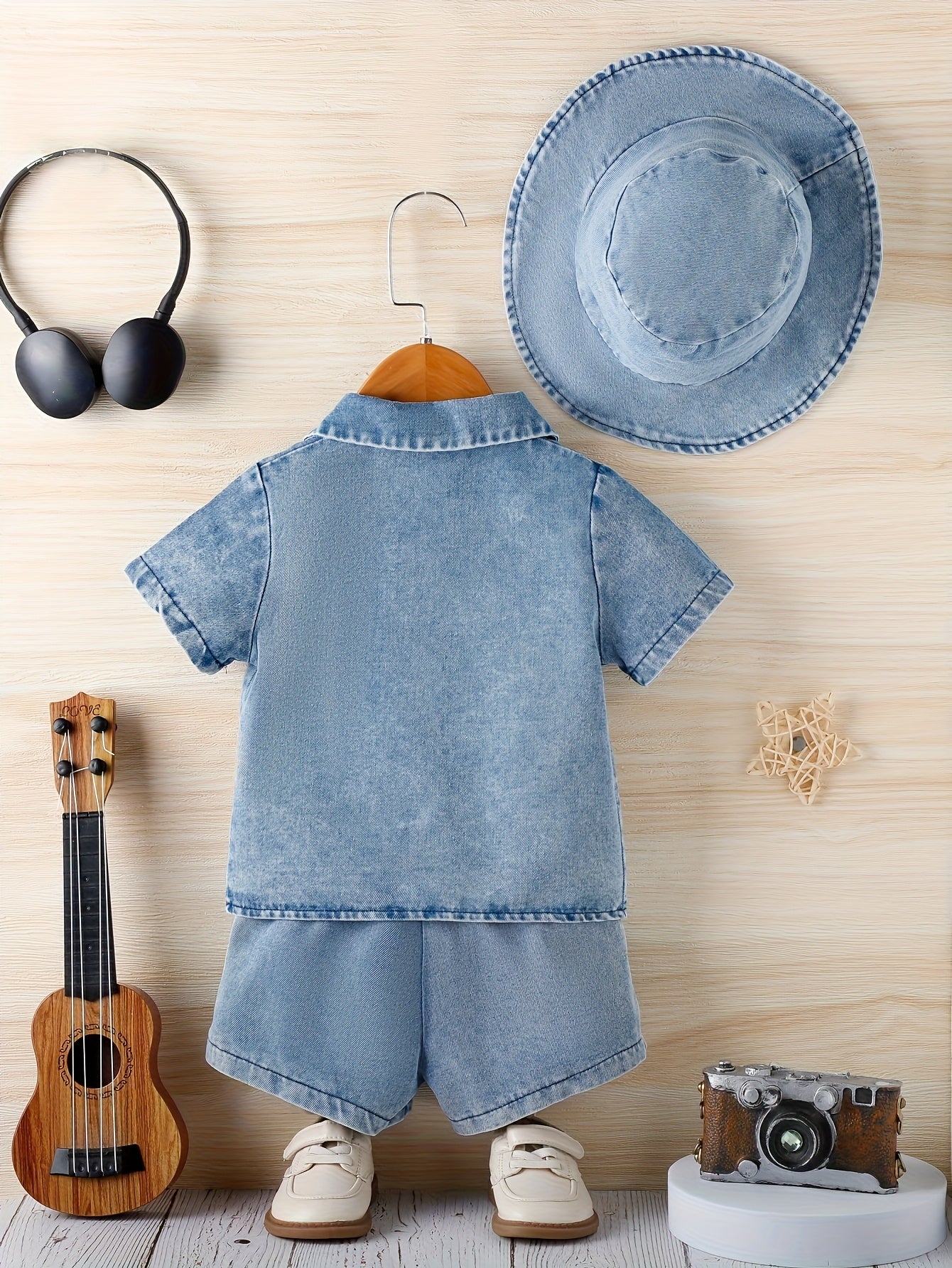 [Runs Large, Size 1 Size] Baby Boy 3pcs Summer Outfit Set, Soft Washed Denim Short Sleeve Lapel Jacket, Casual Denim Shorts And Matching Denim Bucket Hat, Daily Casual Clothes for 6-36 Months, Perfect for Outdoor
