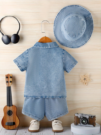 [Runs Large, Size 1 Size] Baby Boy 3pcs Summer Outfit Set, Soft Washed Denim Short Sleeve Lapel Jacket, Casual Denim Shorts And Matching Denim Bucket Hat, Daily Casual Clothes for 6-36 Months, Perfect for Outdoor