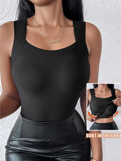 4pcs Women's Seamless Warm Tank Top with Built-in Bra- Slim-Fit Lifting, Skin-Friendly Base Layer, Sleeveless Wide Straps, Solid Black/Apricot/Brown, Smooth Washable Fabric, All-Season Layering for Daily Use