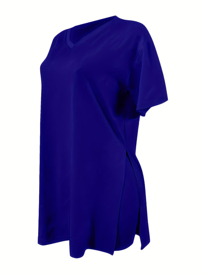 Two-Piece Outfit for Plus-Size Women Featuring a Casual V-Neck Short-Sleeve Top with Side Slits And Drawstring Leggings, Made from Comfortable, Ideal for Everyday Wear