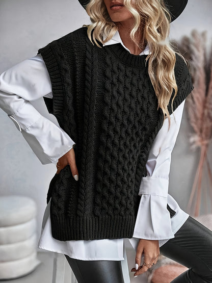 Women's Cable Sweater Vest - Sleeveless Round Neck Slit Hem Blouse, Solid Color Medium-Elastic Knitwear for Spring Summer Fall Layering, Casual & Semi-Formal Wear (Hand Washable)