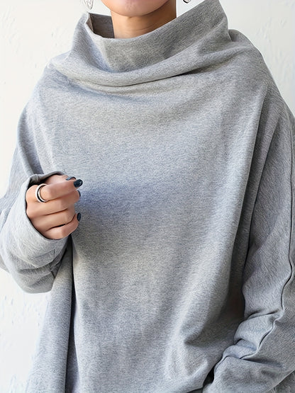 Women's Oversize Simple Tops 2024 New Fashion Casual Solid Color High-Neck Long Sleeve T-Shirt