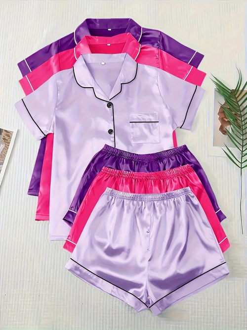 Casual, Fashionable, and Comfortable 6pcs Set in 3 Colors: Solid, Plain, Satin, and Satin Trim Short-Sleeve Shirt & Elastic Waist Shorts Pajama Set