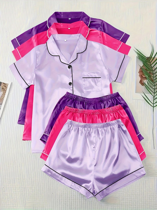 Casual, Fashionable, and Comfortable 6pcs Set in 3 Colors: Solid, Plain, Satin, and Satin Trim Short-Sleeve Shirt & Elastic Waist Shorts Pajama Set